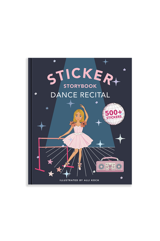 Sticker storybook titled 'Dance Recital' with a girl in a ballet outfit on a blue background.