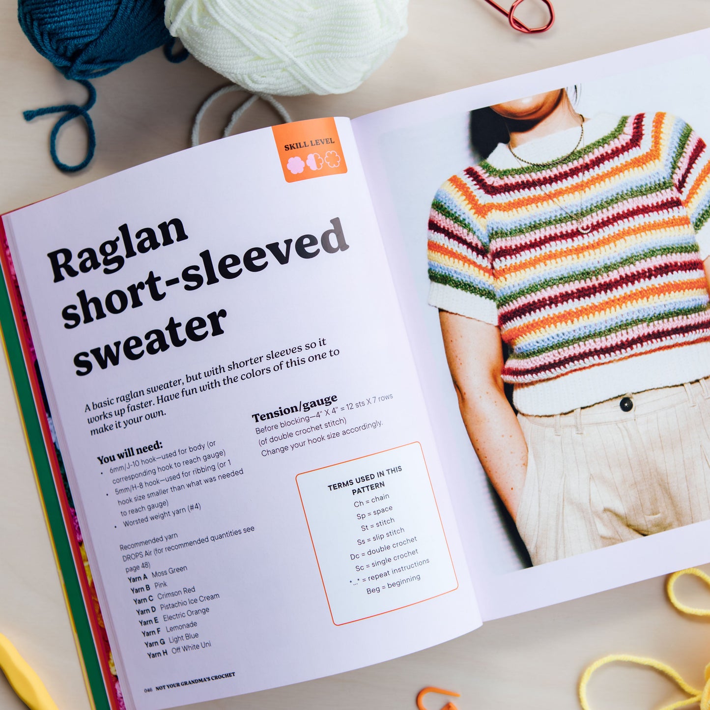 Open book showing a pattern for a raglan short-sleeved sweater with yarn and hooks on a table.