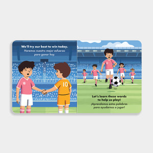 Children's book with soccer-themed illustrations and text on a white background