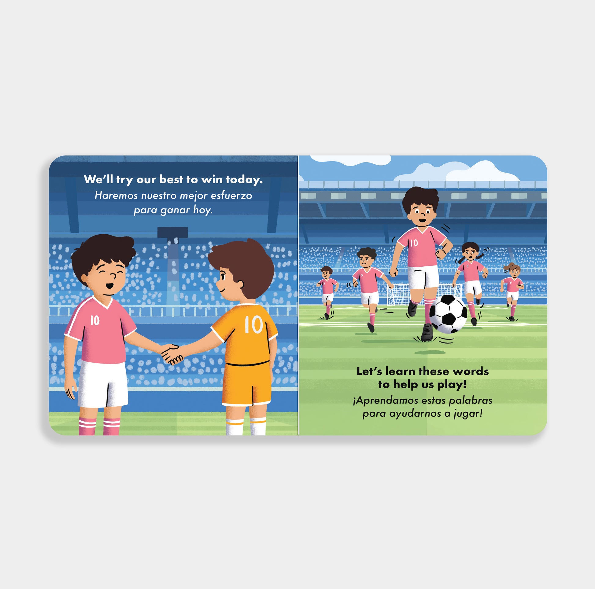 Children's book with soccer-themed illustrations and text on a white background