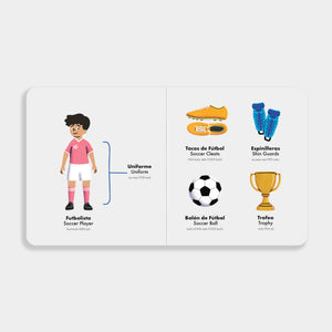 Educational card with illustrations of a soccer player and related items on a white background