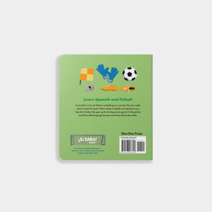 Book cover with illustrations of a flag, gloves, and soccer ball on a green background