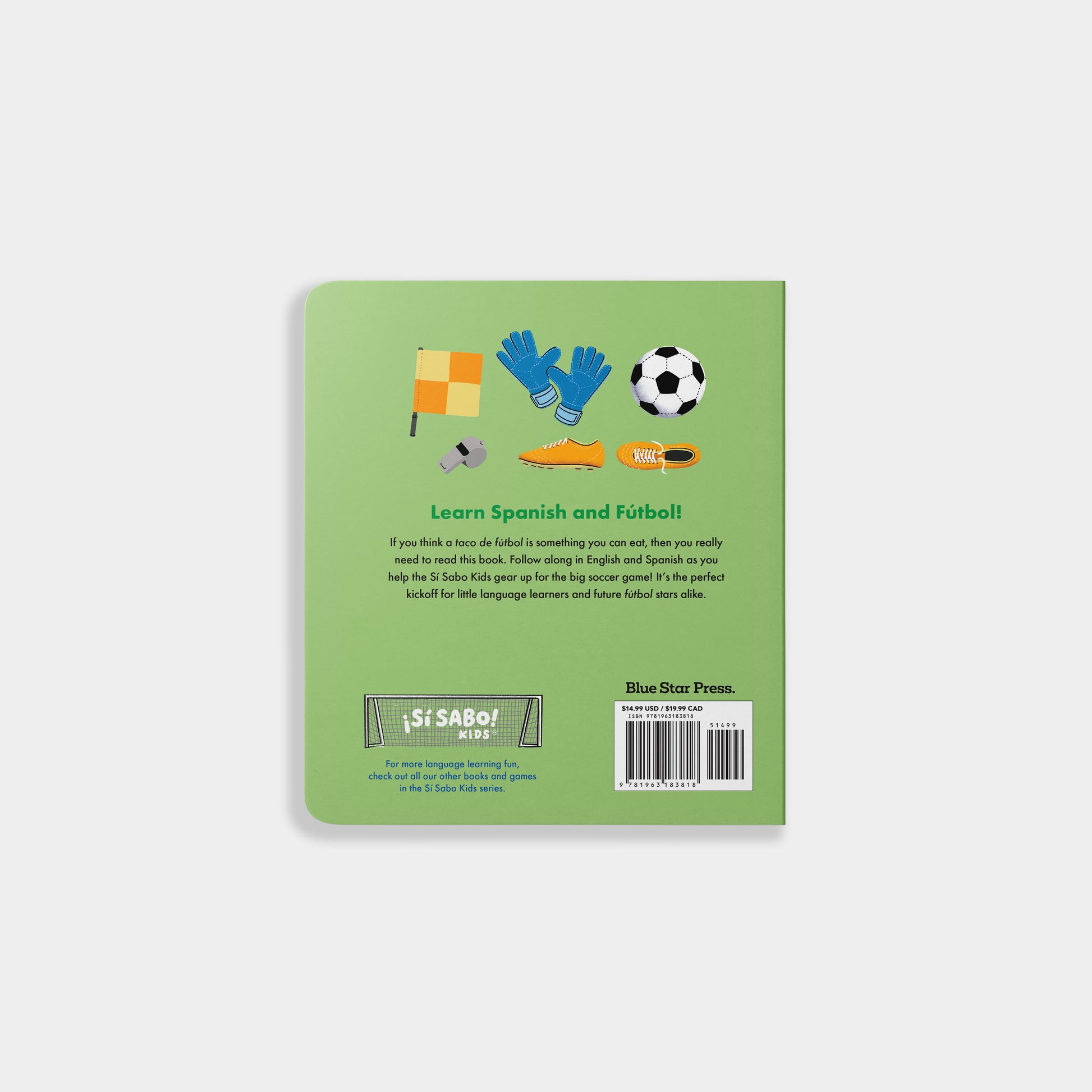 Book cover with illustrations of a flag, gloves, and soccer ball on a green background