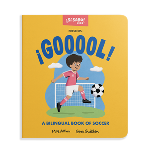 Book cover of 'GOOOOL! A Bilingual Book of Soccer' with a child playing soccer on a yellow background.
