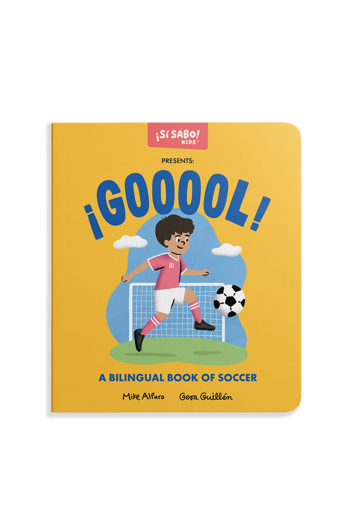 Book cover of 'GOOOOL! A Bilingual Book of Soccer' with a child playing soccer on a yellow background.