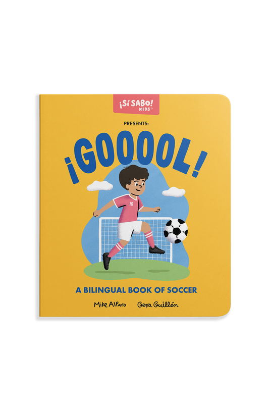 Book cover of 'GOOOOL! A Bilingual Book of Soccer' with a child playing soccer on a yellow background.