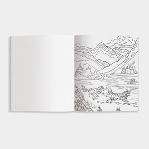 Howl Coloring book with a mountain and horse illustration on a white background