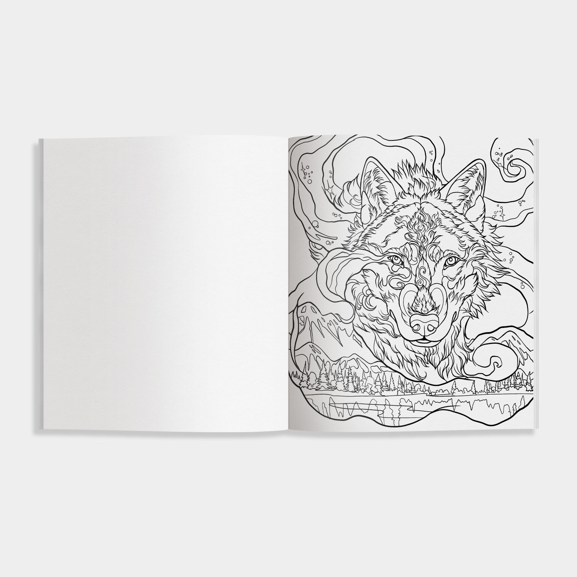 Open book of Howl with a detailed black and white illustration of a wolf on a white background