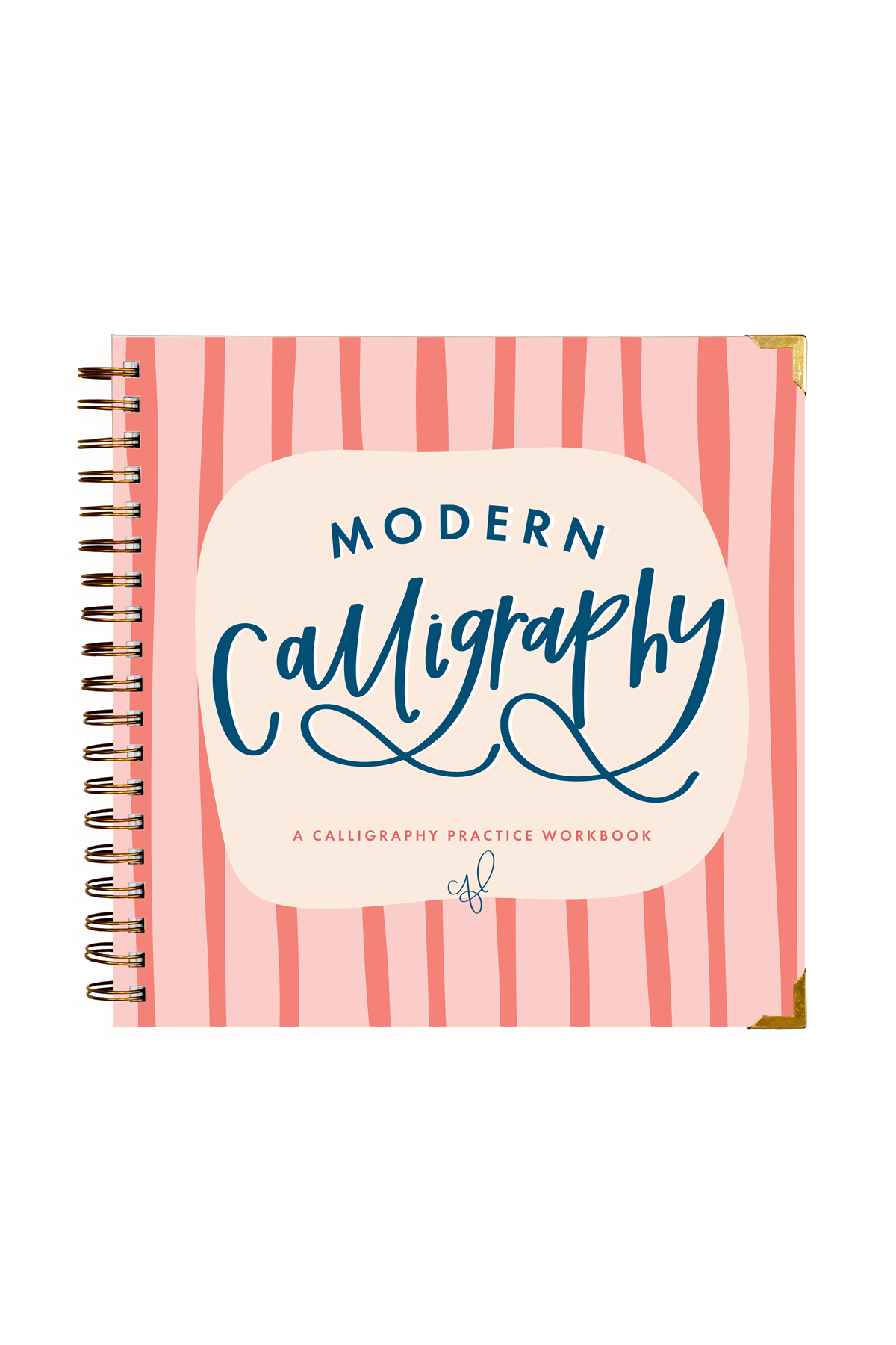 Calligraphy practice workbook with pink striped cover on a white background