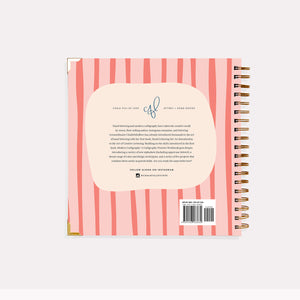 Back cover of a spiral-bound notebook with pink and white striped design and text.