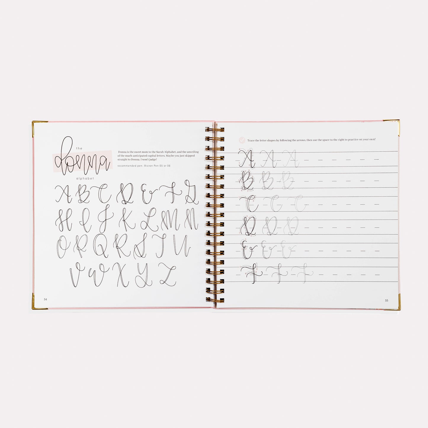Open notebook with calligraphy practice pages on a white background
