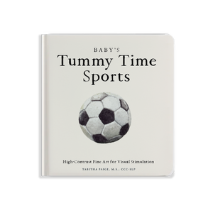 Book titled 'Baby's Tummy Time Sports' with a soccer ball illustration on a white background