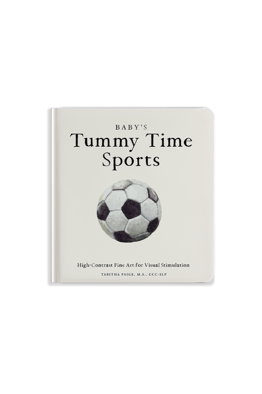 Book titled 'Baby's Tummy Time Sports' with a soccer ball illustration on a white background