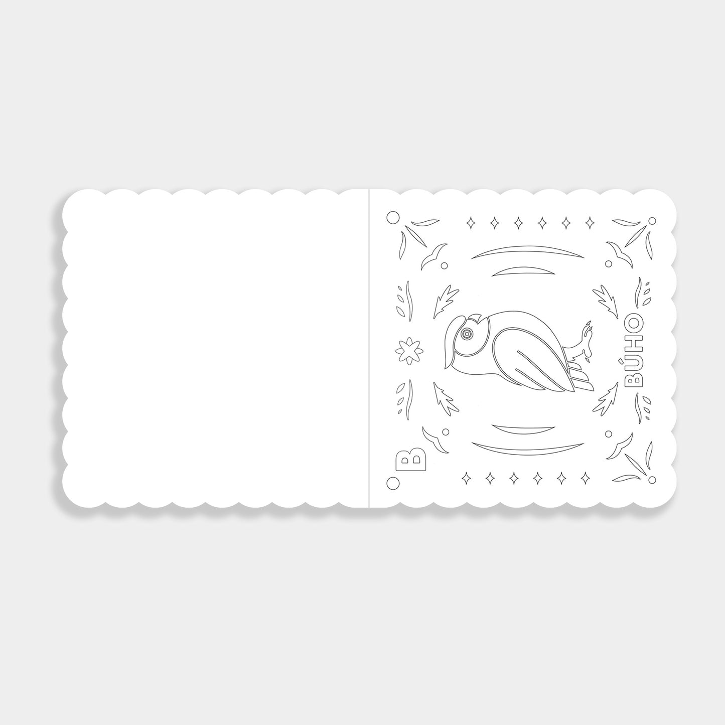 Open book shows a coloring page with an illustration of an bird with the letter "b" and the word buho.