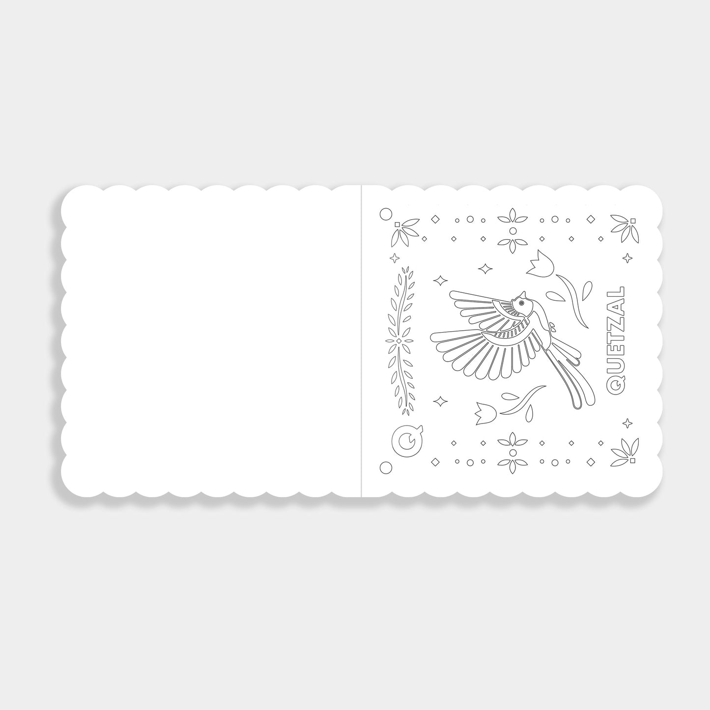 Open book shows a black and white image of a bird with the letter "q" and the word quetzal. 