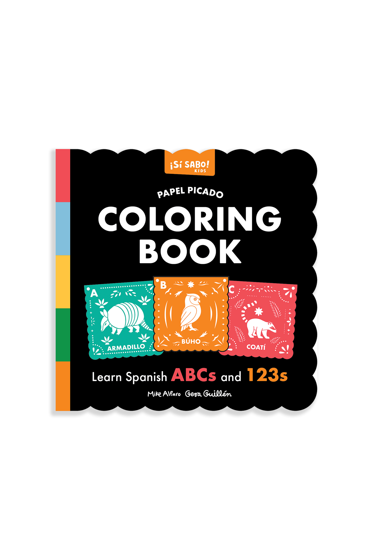 Die Cut coloring book with a black bacground and colorful Papel Picado images on the cover. 