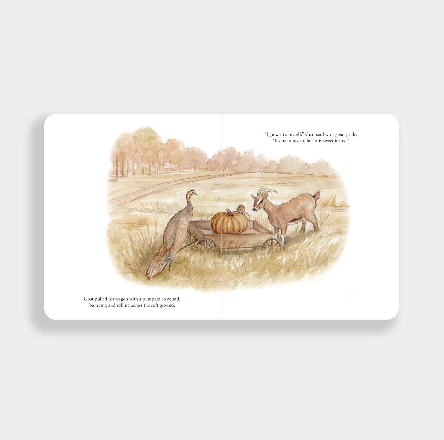 A children's picture book spread showing an autumn farm scene with a turkey, a goat, and a pumpkin on a wagon, printed on white pages with a soft sepia illustration.