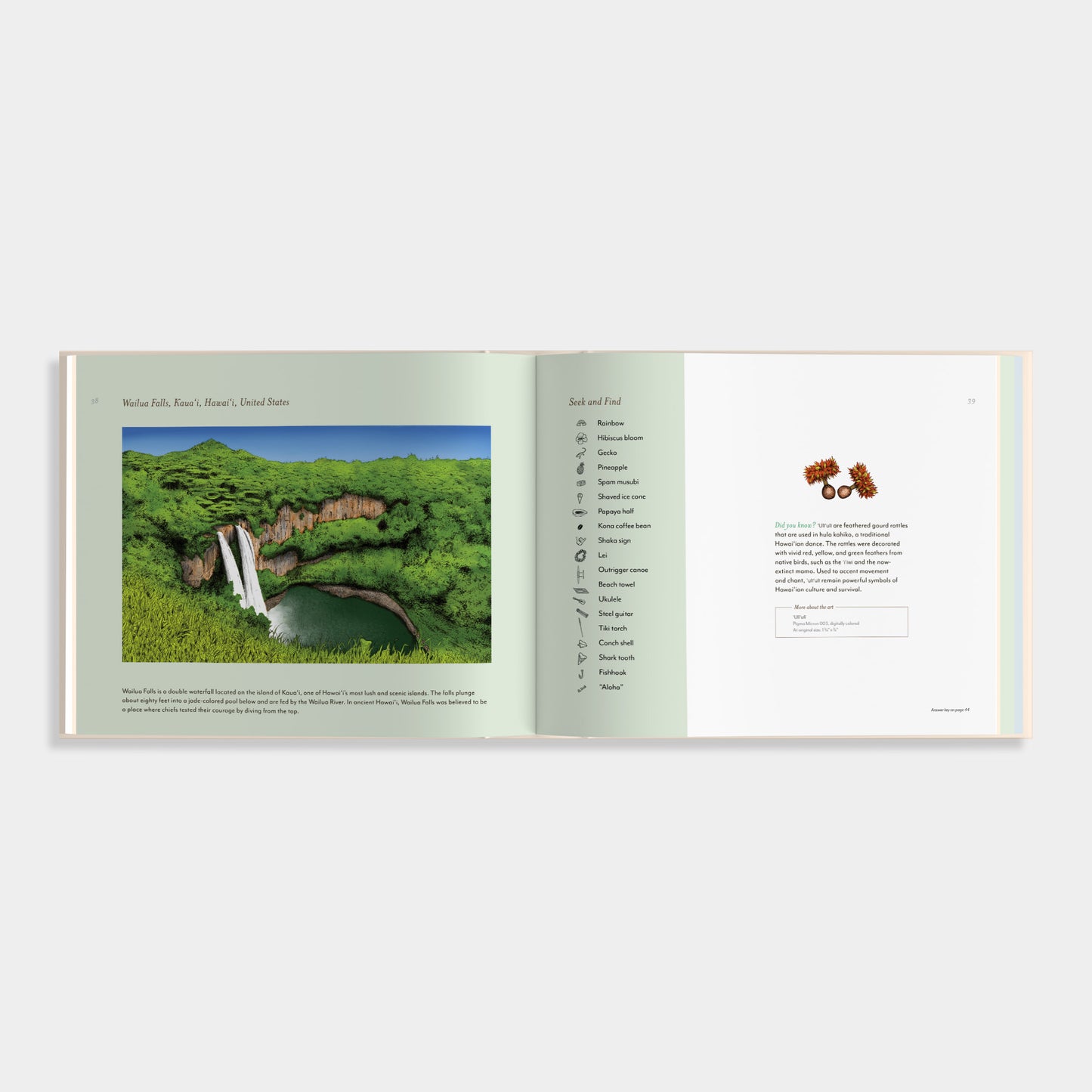Inside view of Hidden Wonders of the World shows a hand-drawn illustration of Wailua Falls, Kawa'i. There is a list of hidden objects to find along with fun facts about the location. 