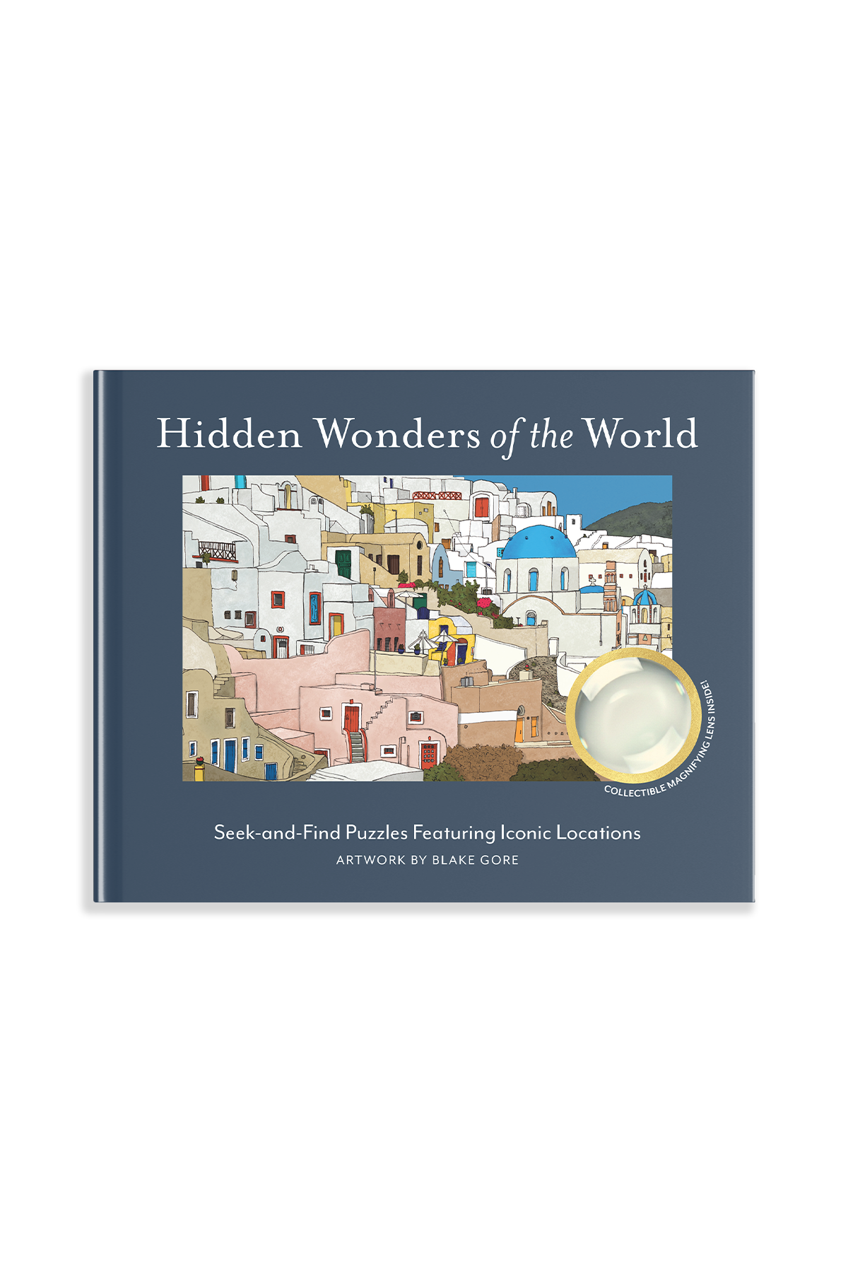 Hidden Wonders of the World has a blue background with a hand-drawn illustration of a city on the cover. Text reads: See-and-Find Puzzles Featuring Iconic Locations