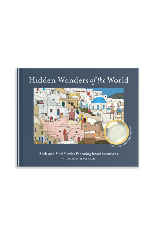 Hidden Wonders of the World has a blue background with a hand-drawn illustration of a city on the cover. Text reads: See-and-Find Puzzles Featuring Iconic Locations
