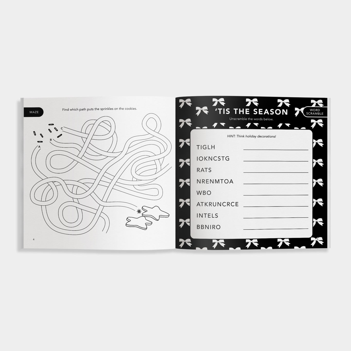 Two pages from a book or magazine featuring a maze and a word search puzzle on a white background.
