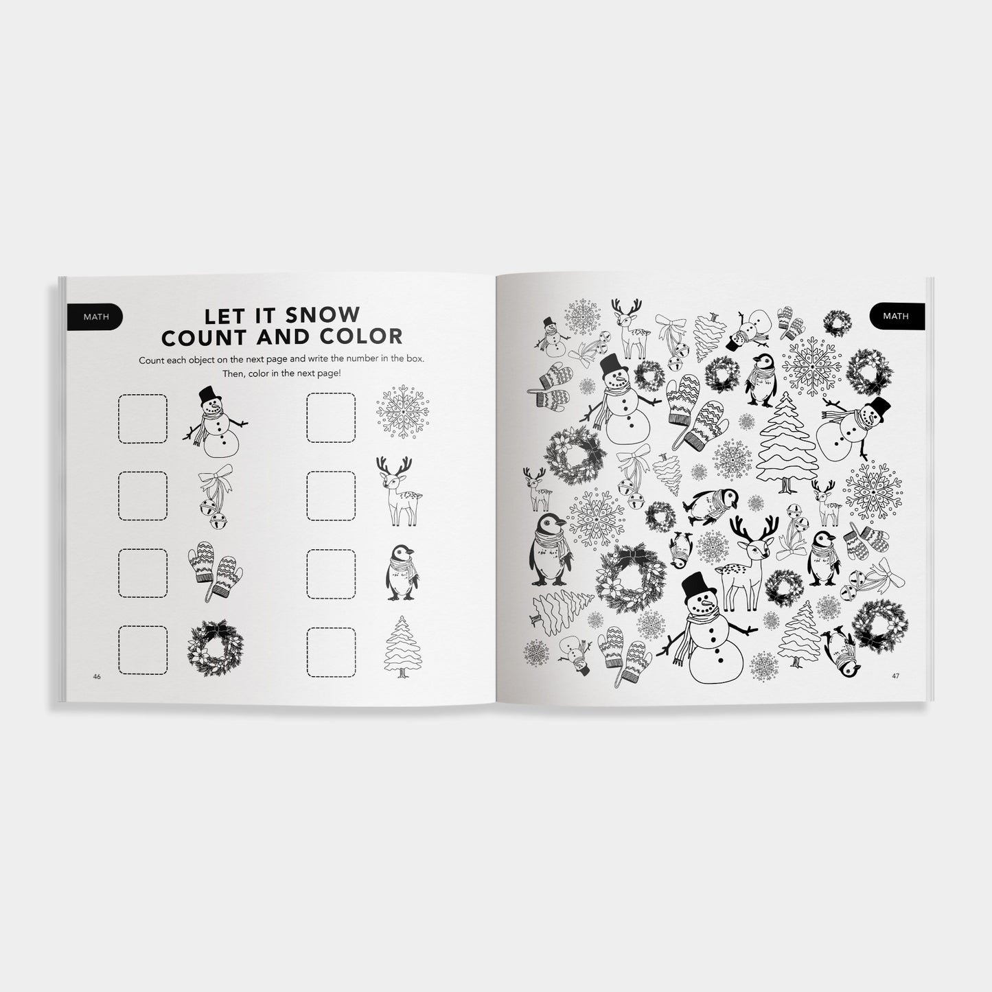 Open book with Christmas-themed coloring and counting activity on a white background