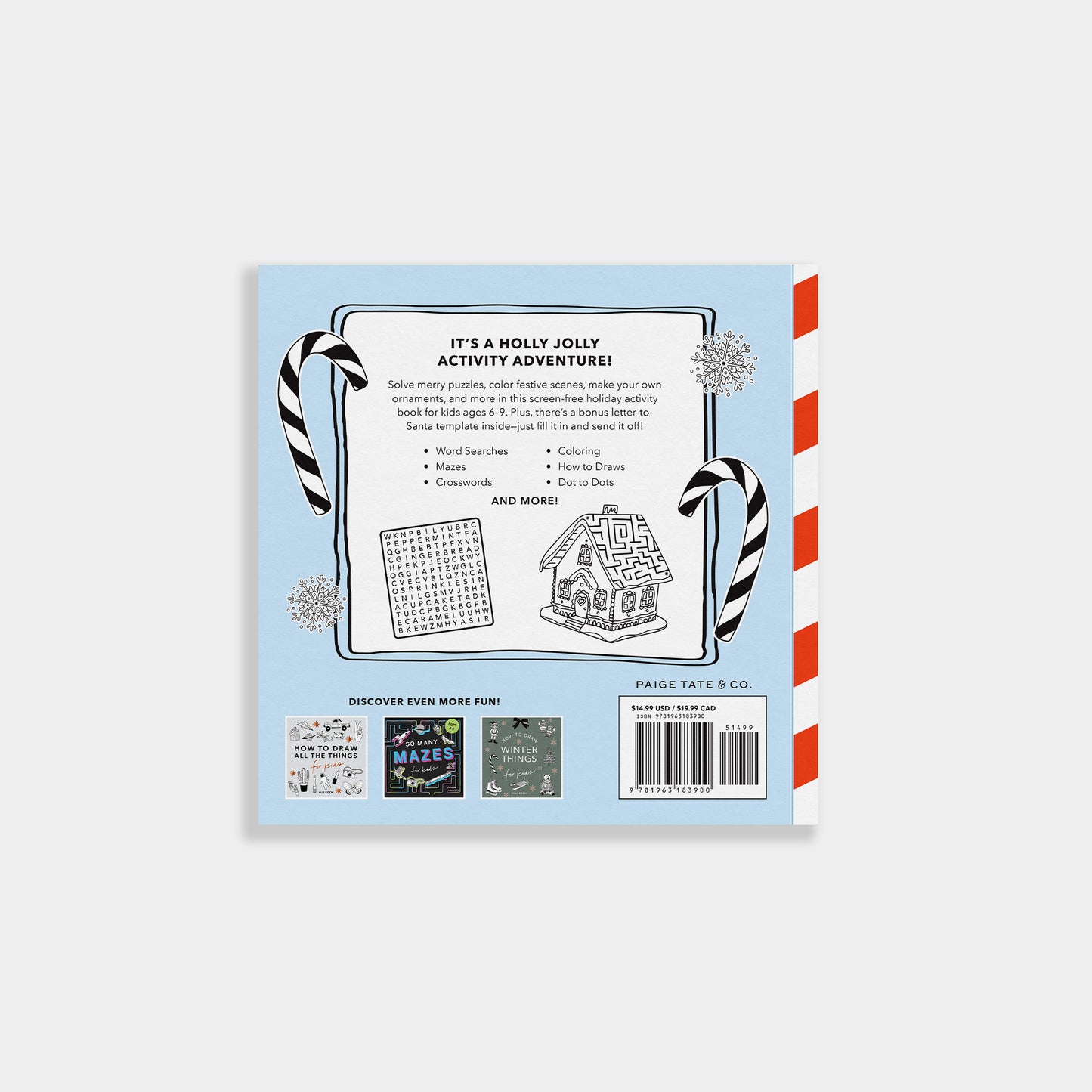 Booklet with Christmas-themed activities on a light blue background