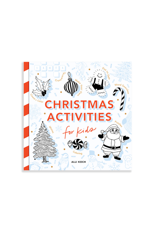 Christmas activity book with a candy cane striped spine. Cover shows various things like a Christmas tree maze, coloring peppermint, Santa puzzles, and so on. 