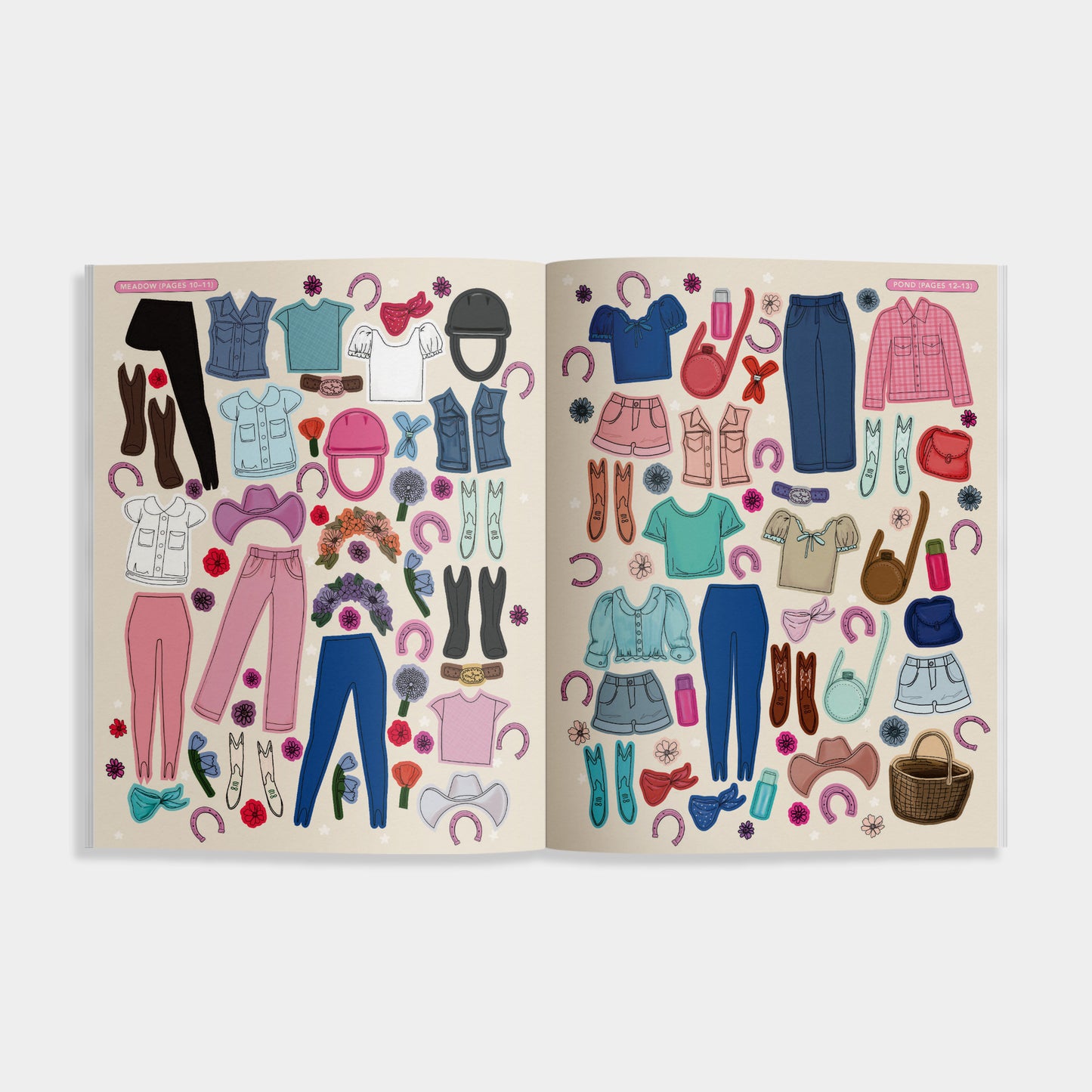 Open book with colorful clothing illustrations on a beige background