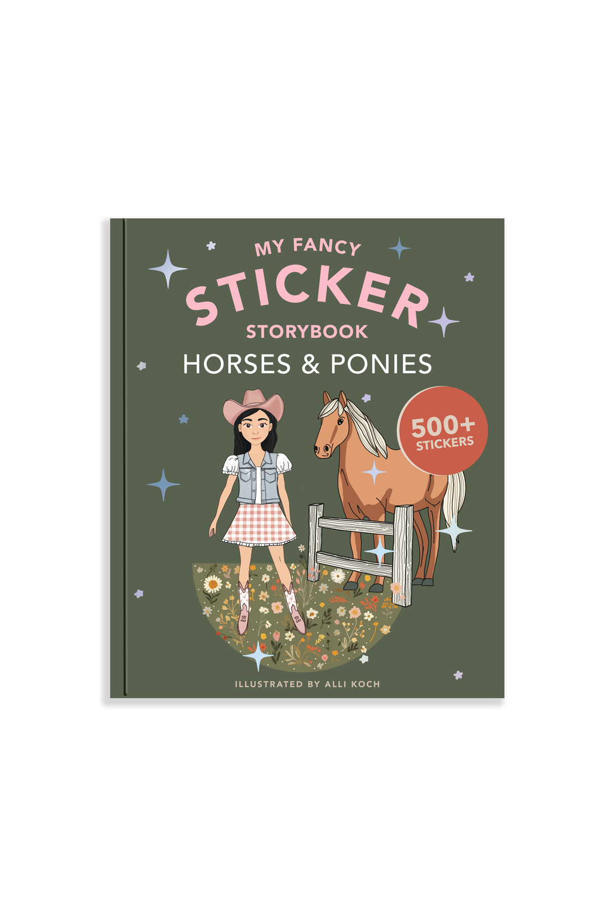 Sticker book cover with a girl and horse illustration on a green background