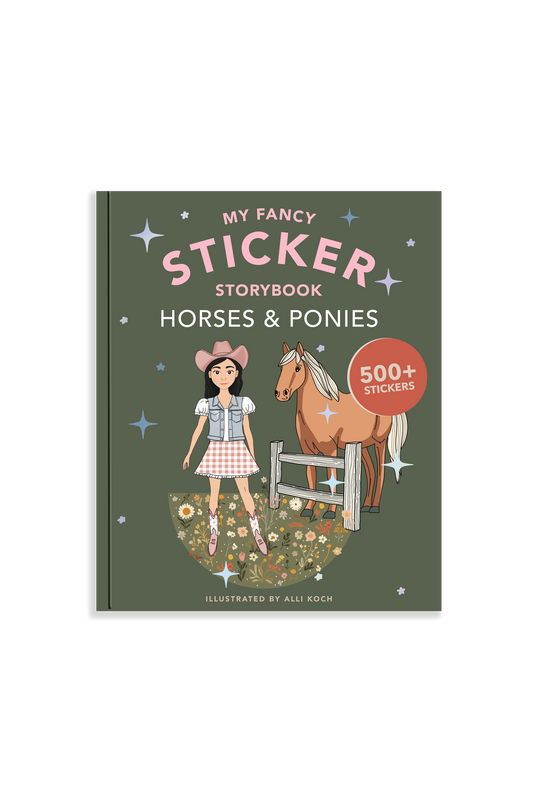 Sticker book cover with a girl and horse illustration on a green background