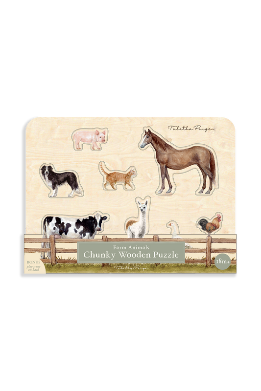 Wooden puzzle box with illustrations of farm animals on a white background