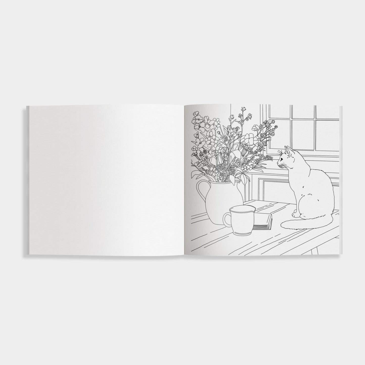 Illustration of a cat and flowers on a table with a book, on a white background