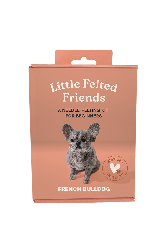 Box for Little Felted Friends needle-felting kit with a French Bulldog illustration on a white background