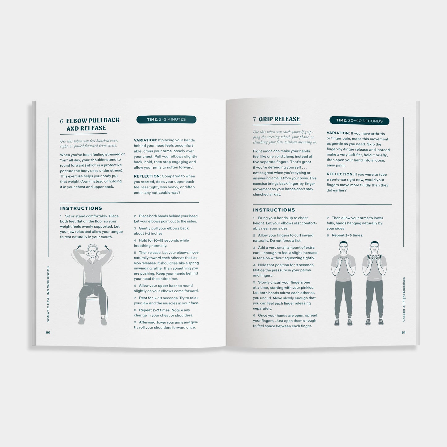 Open book of "The Somatic Healing Workbook" showing different exercises like "elbow pullback and release" and "grip release" 