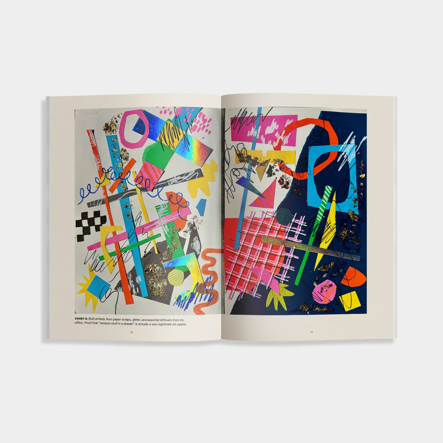 Open book displaying abstract art with colorful geometric shapes on a white background