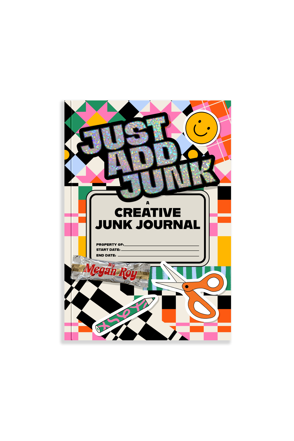 Creative junk journal with colorful cover design on a white background