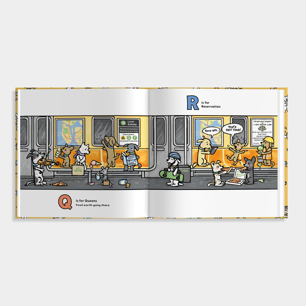 open book of "Louie the Foodie: A Taste of NYC' is white and a has a colorful illustrated scene of the inside of a subway featuring different animals doing things. Text " Q is for Queens. Food worth going there. R is for Reservation"