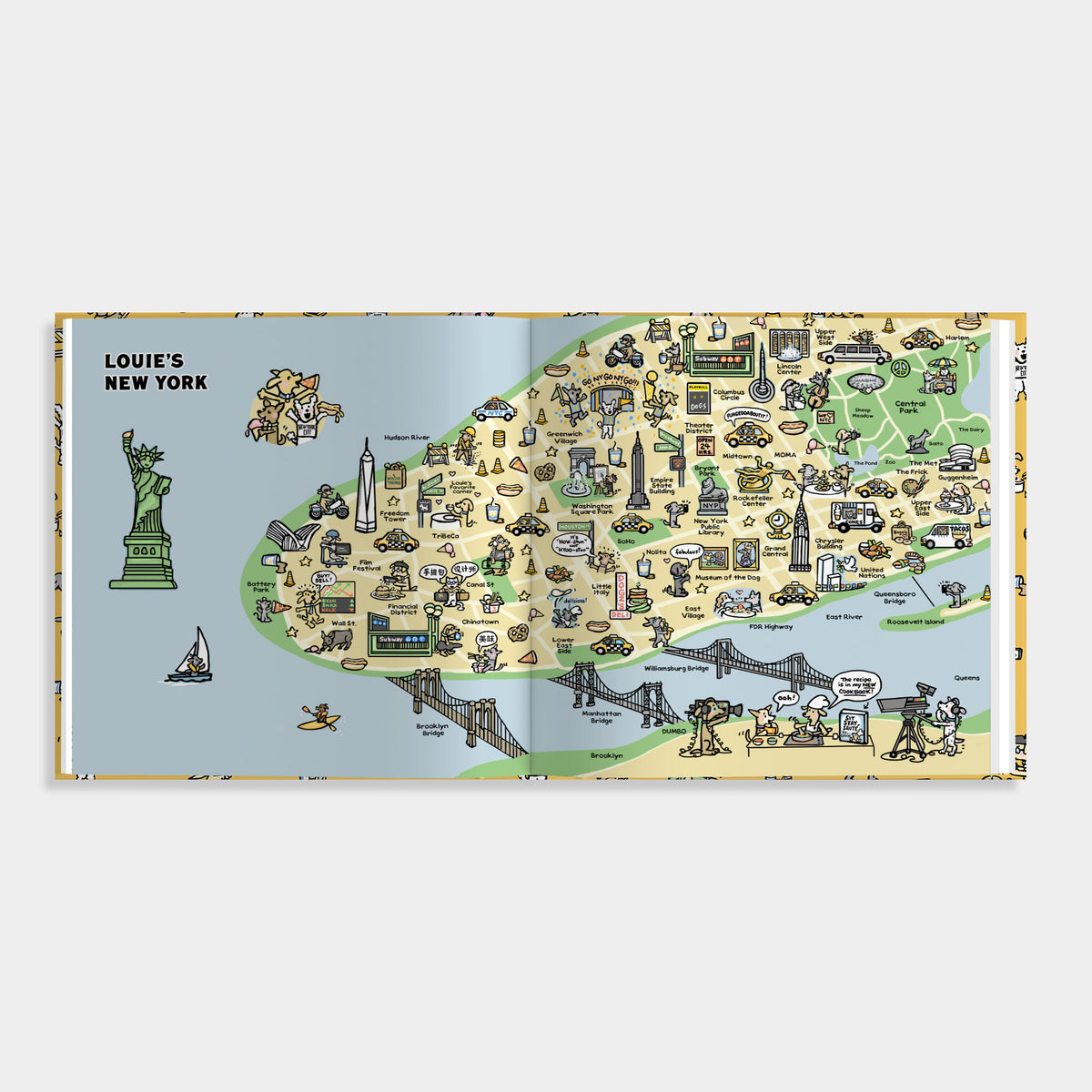 open book of "Louie the Foodie: A Taste of NYC' is white and a has a colorful illustration of the map of New York. 