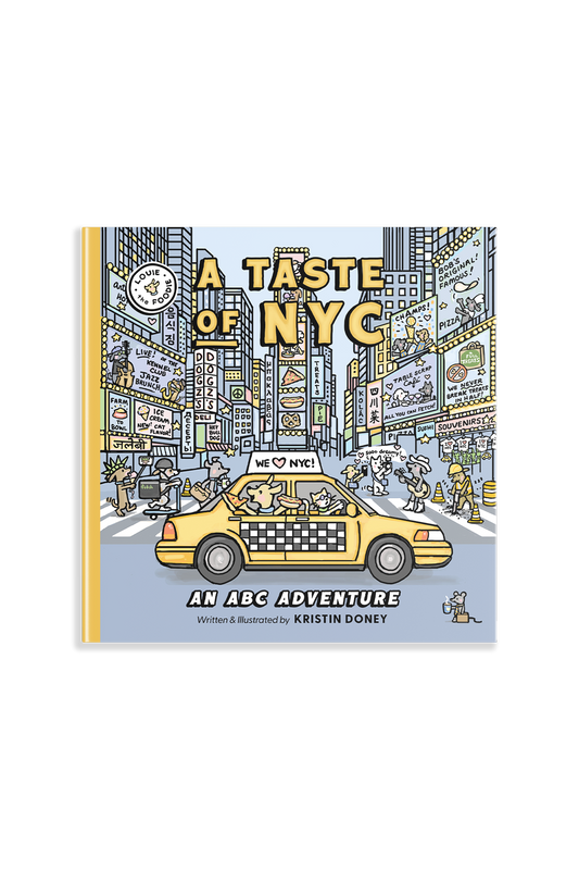 book cover of "Louie the Foodie: A TASTE OF NYC" is gray and yellow with hand drawn art of downtown New York with a yellow taxi and animals everywhere who are acting like humans. 