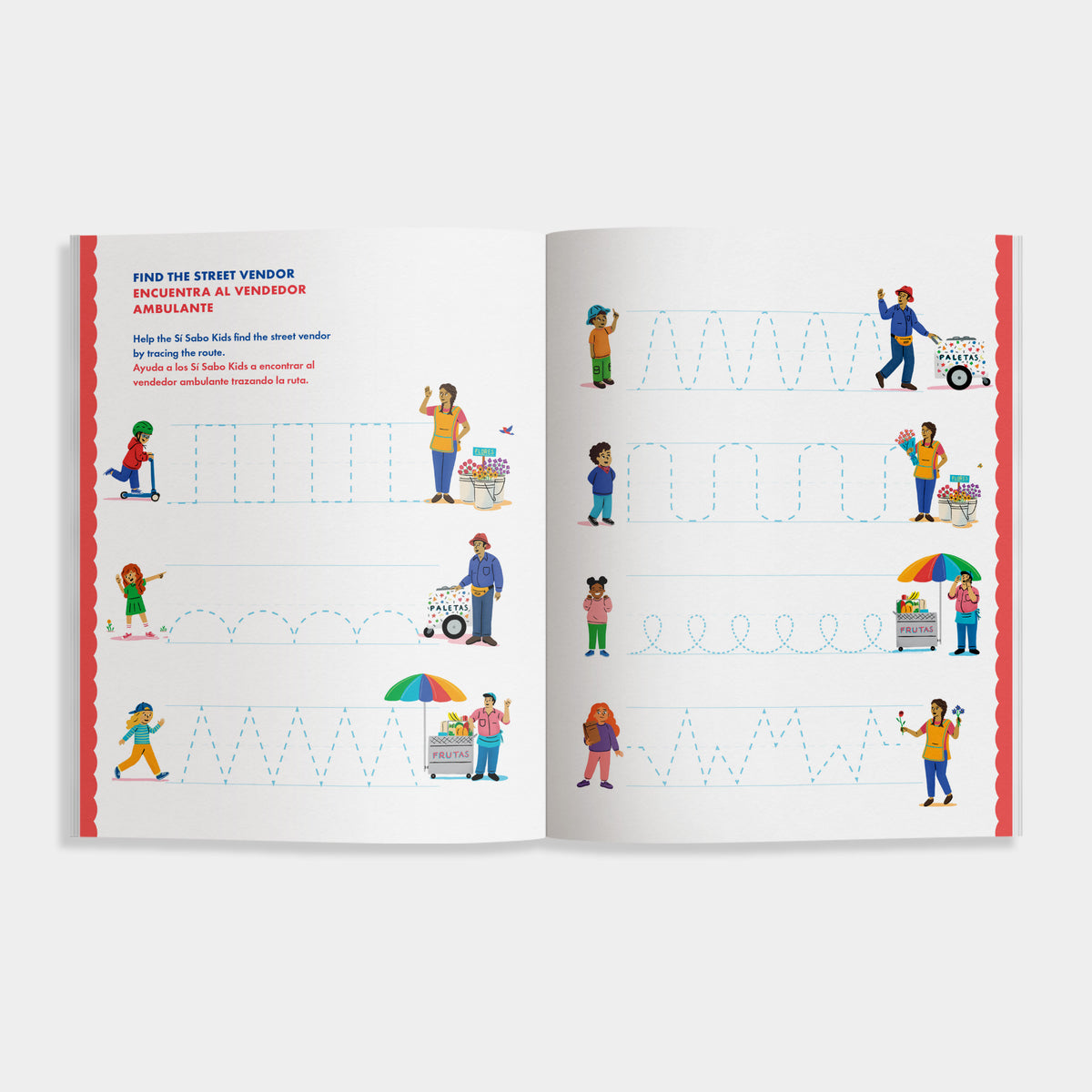 open book of 'Learn-to-Write Spanish Workbook' is white with colorful illustrations of people on the pages. There are various different types of dotted lines the help with fine motor skills. 