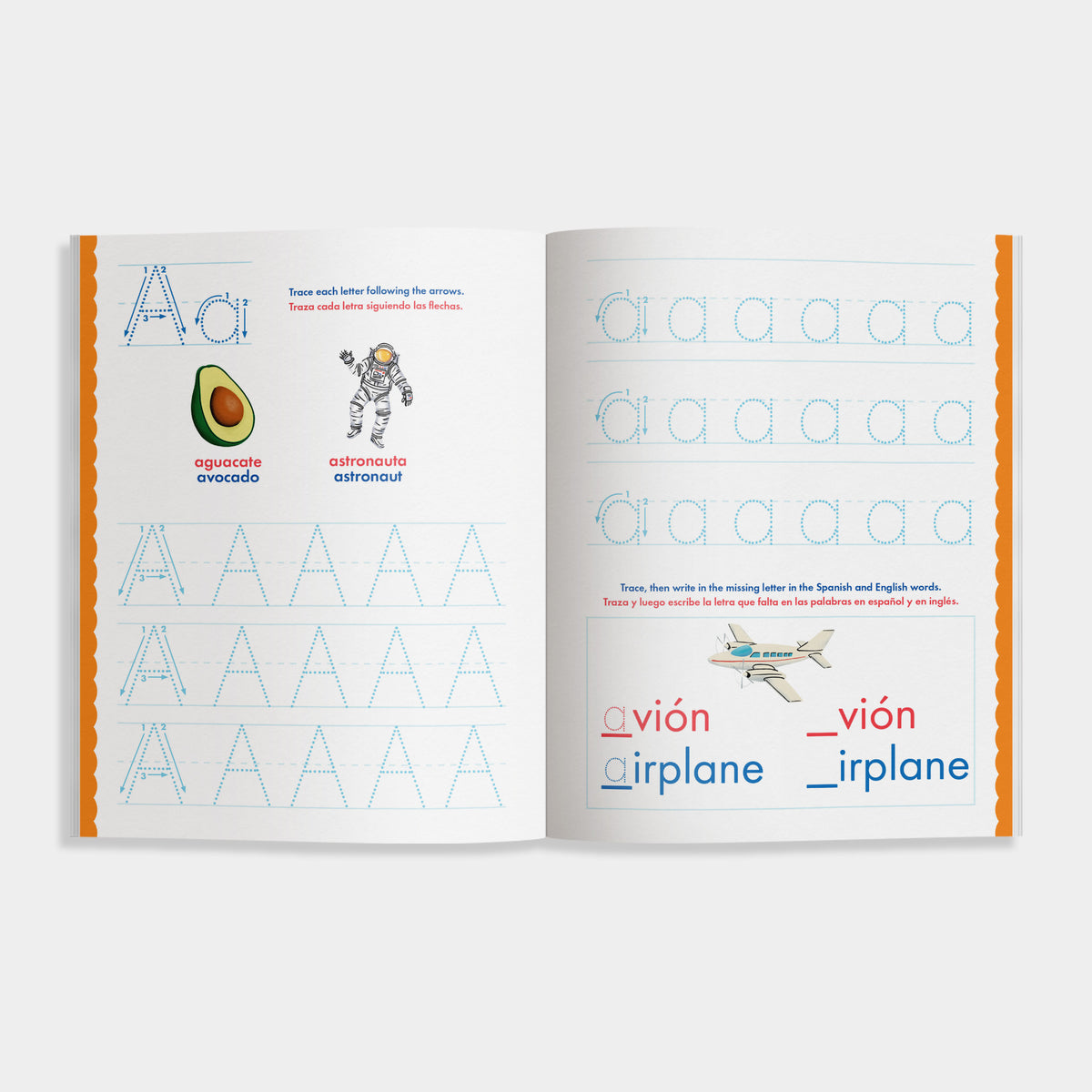 open book of 'Learn-to-Write Spanish Workbook' is white with colorful illustrations of an avocado, astronaut, and airplane. There are fun facts in both english and Spanish along with traceable letters to teach a child how to write. 