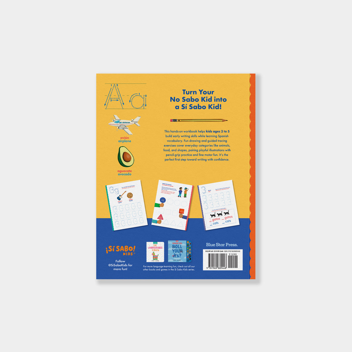 back cover of "Learn-to-Write Spanish Workbook" is yellow and blue and shows samples of the inside pages. 