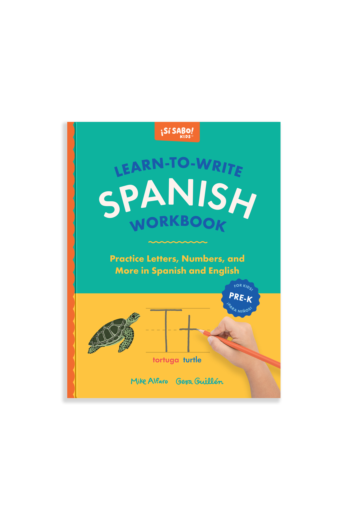 book cover of 'Learn-to-Write Spanish Workbook' is blue and yellow with a child's hand writing the letter "t" on a dotted line. 