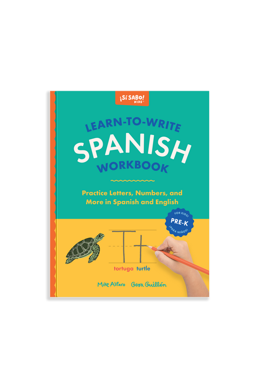 book cover of 'Learn-to-Write Spanish Workbook' is blue and yellow with a child's hand writing the letter "t" on a dotted line. 