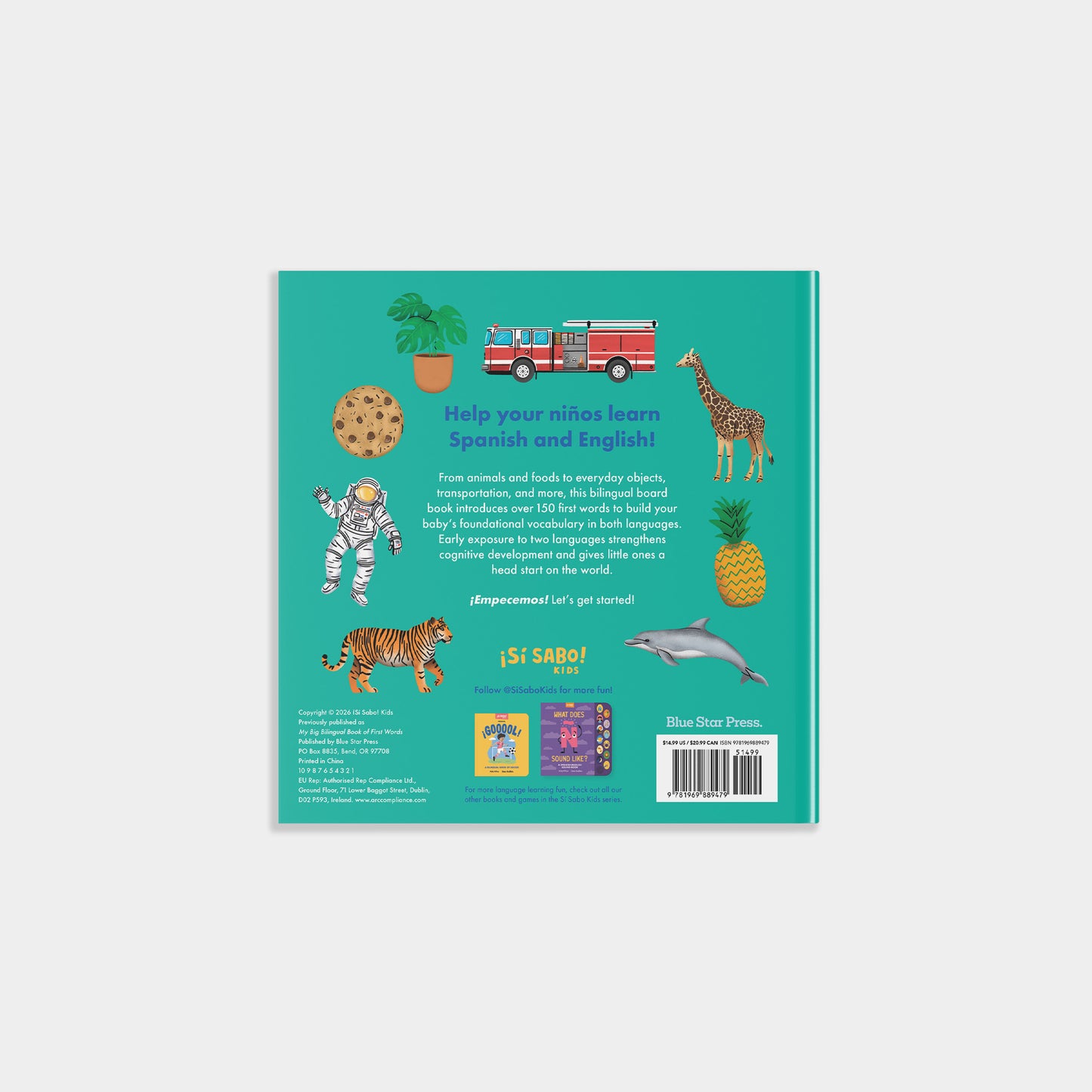 The back cover of a children's book titled 'Help your child learn Spanish and English!' by St. Sabo, published by Macmillan Press.