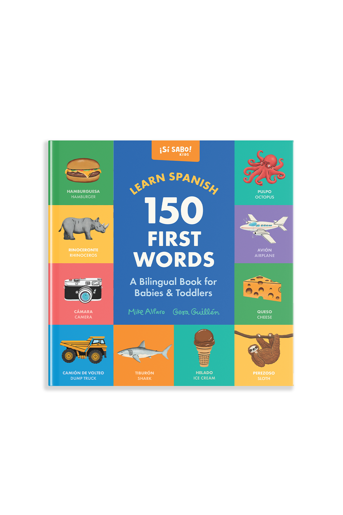 Spanish children's book titled "150 First Words" by Mire Alter and Gema Guallot, featuring a colorful grid cover with illustrated animal and food icons on a white background.