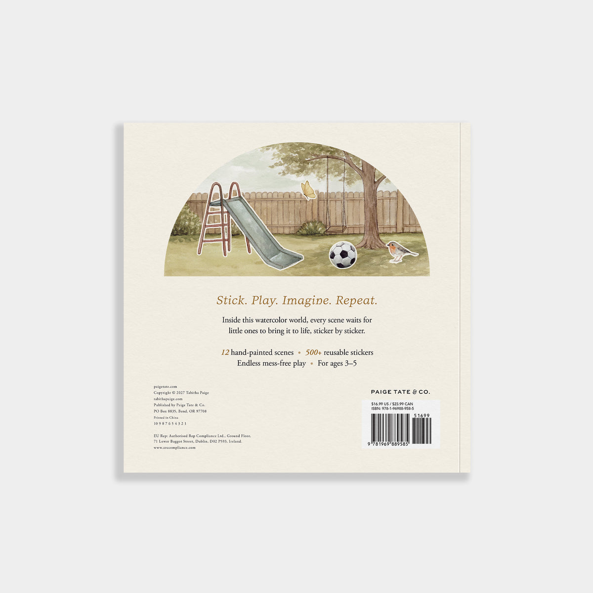 back cover of 'Our Big Book of Stickers' is beige with a watercolor illustration of  backyard scene with stickers of a slide, ball, butterfly, and bird placed on it. 