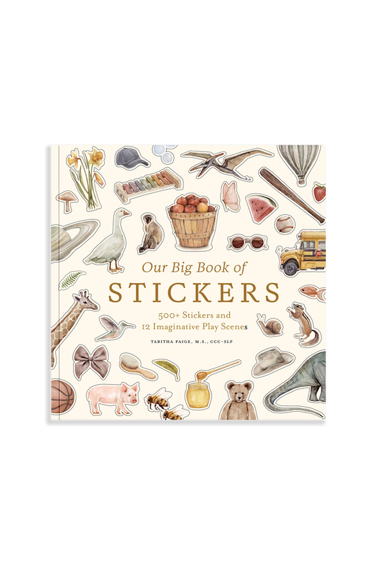 book cover of 'Our Big Book of Stickers' is beige with a variety of stickers on the cover of a food, instruments, animals, sports, transportation, and objects around the house. 