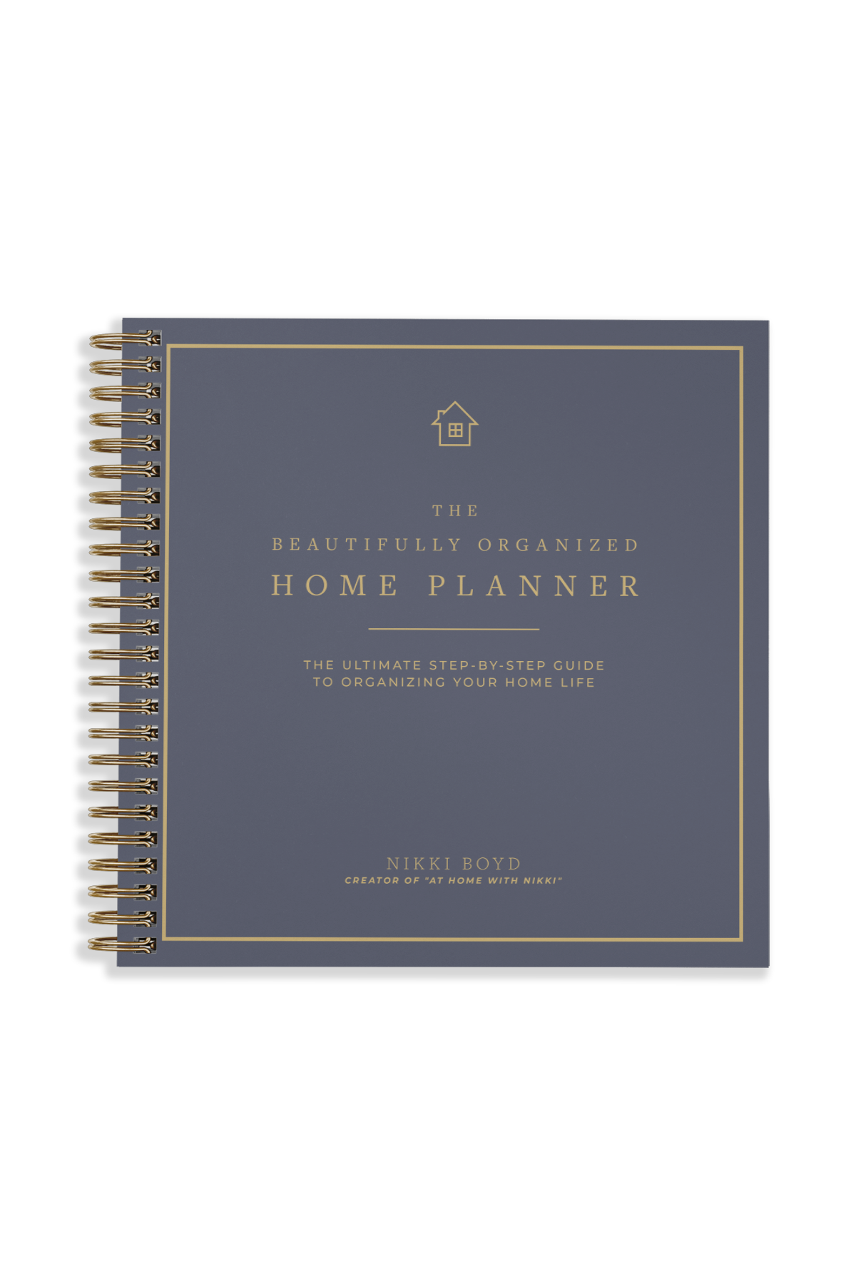 A spiral-bound home planner with a slate blue-gray cover and gold text and border details, shown on a plain white background.